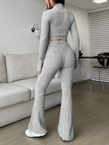 EZwear Spring ClothesWomen's Two Piece Set With Ribbed Long Sleeve Top And Flared Pants