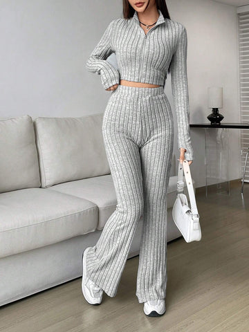 EZwear Spring ClothesWomen's Two Piece Set With Ribbed Long Sleeve Top And Flared Pants