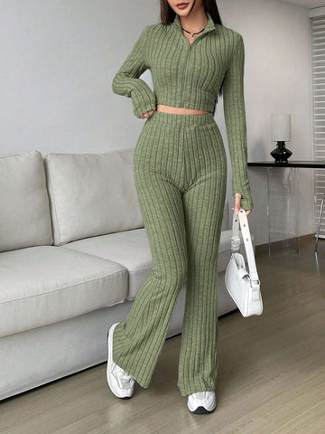 EZwear Spring ClothesWomen's Two Piece Set With Ribbed Long Sleeve Top And Flared Pants