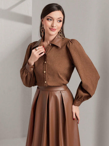 Modely 2pcs Women Elegant Solid Color Lantern Sleeve Shirt And Pleated Long Skirt Set