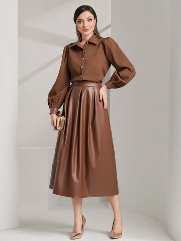 Modely 2pcs Women Elegant Solid Color Lantern Sleeve Shirt And Pleated Long Skirt Set