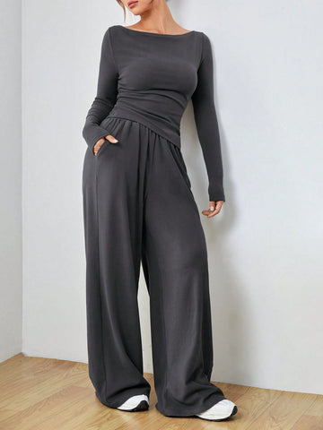 EZwear Knitted Women's Slim Fit Boat Neck Long Sleeve Top And Wide Leg Pants Set