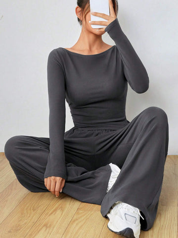 EZwear Knitted Women's Slim Fit Boat Neck Long Sleeve Top And Wide Leg Pants Set