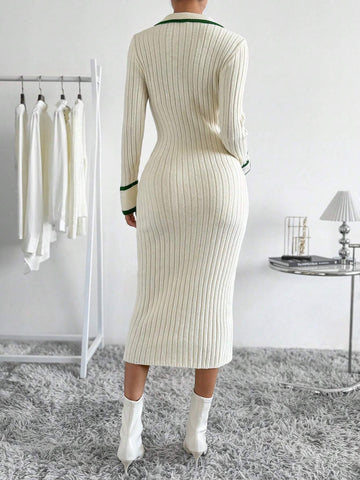 Raffinéa Striped Trim Button Front Sweater Dress