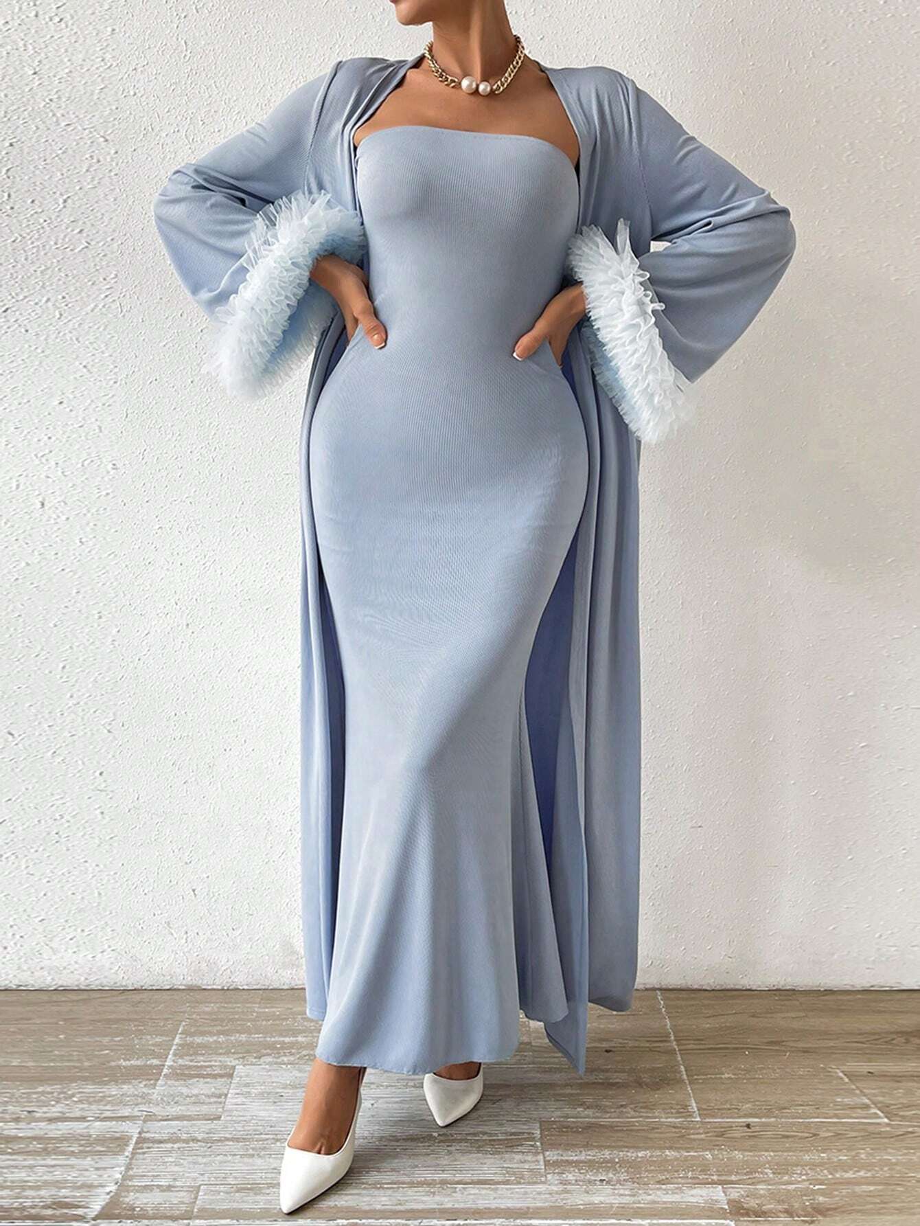 Priv� Women's Long Sleeve Wood Ear Edge Patchwork Outerwear And Strapless Mermaid Dress Two Piece Set