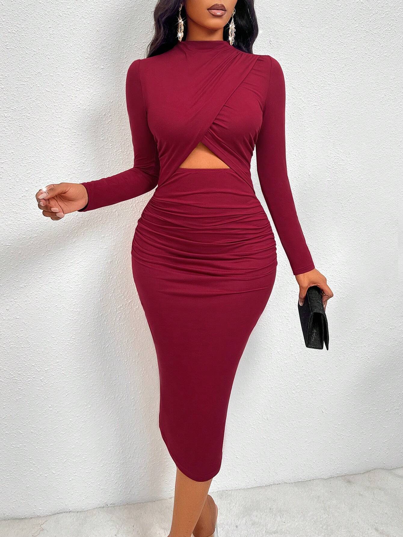SOLERSUN Women's Solid Color Simple Casual Cut-Out Long Sleeve Dress