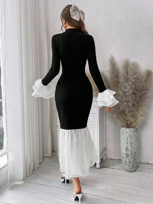 Priv� Wedding Dress Guest Colorblocked Fish Print Asymmetric Hem Dress With Ruffle Detail
