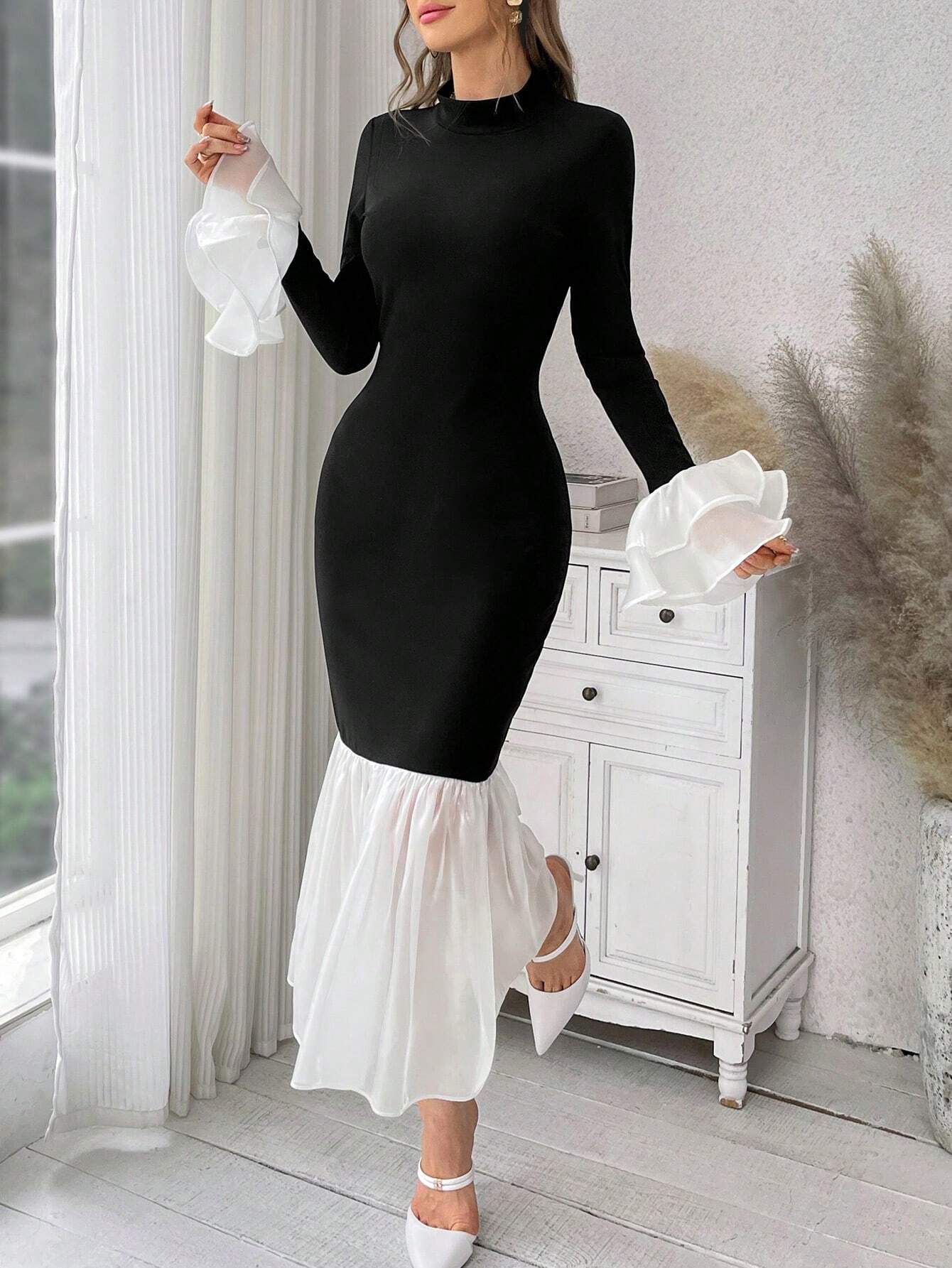 Priv� Wedding Dress Guest Colorblocked Fish Print Asymmetric Hem Dress With Ruffle Detail