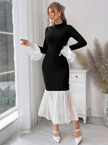 Priv� Wedding Dress Guest Colorblocked Fish Print Asymmetric Hem Dress With Ruffle Detail