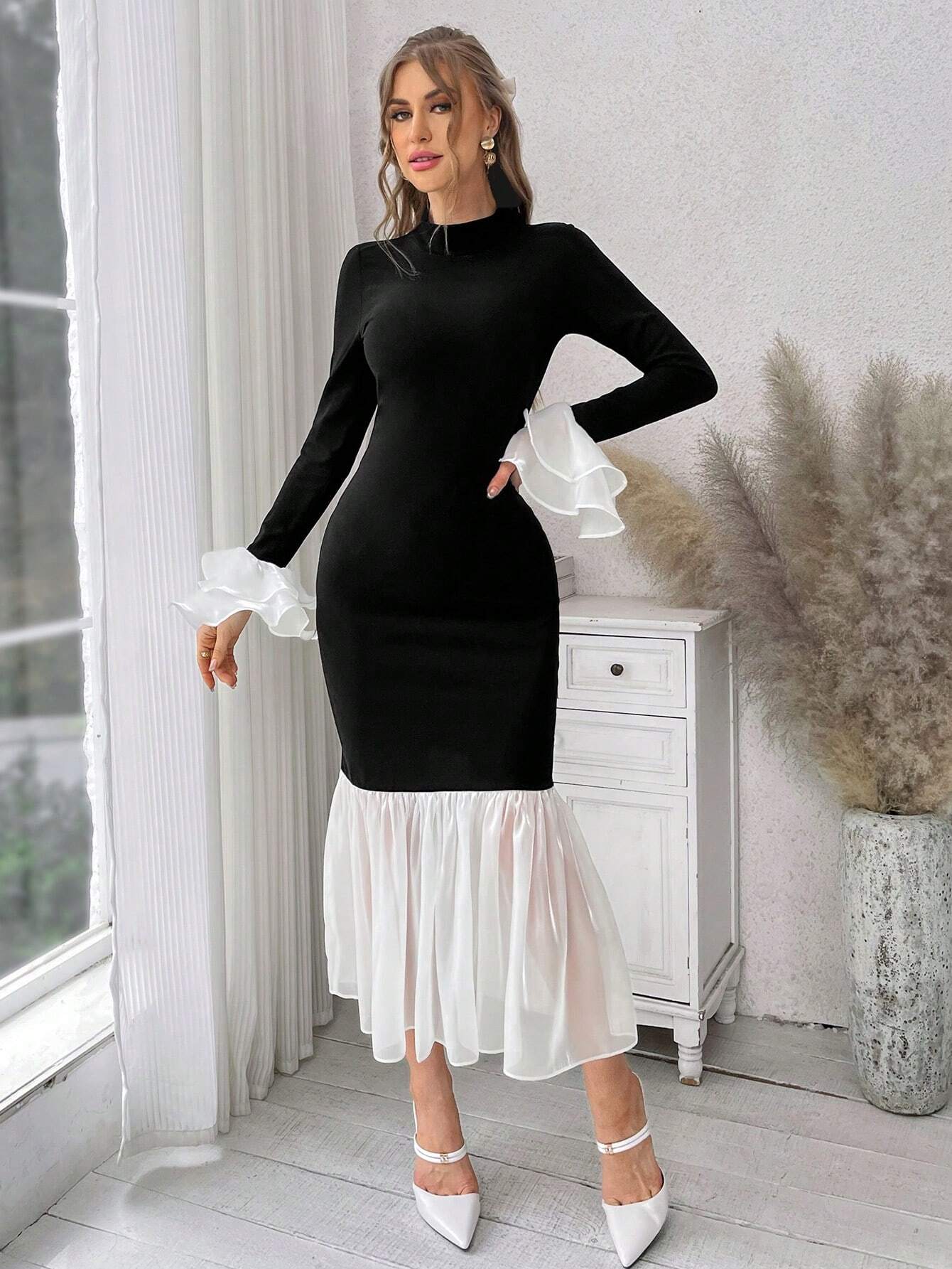 Priv� Wedding Dress Guest Colorblocked Fish Print Asymmetric Hem Dress With Ruffle Detail