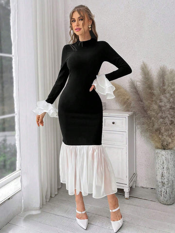 Priv� Wedding Dress Guest Colorblocked Fish Print Asymmetric Hem Dress With Ruffle Detail