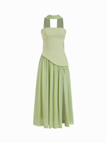 Chiffon Sculptural Halter Neckline Lace Up Maxi Bobycon Dress With Scarf