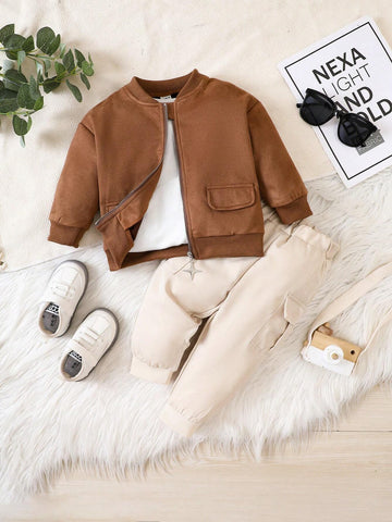 Fashionable Baby Boys' Suede Jacket And Twill Cargo Pants