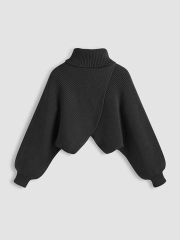 High Neck Solid Knitted Long Sleeve Crop Sweater