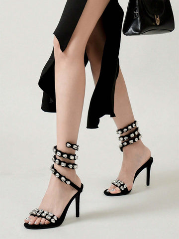 Luxury Gold Rhinestone Studs Women's Stiletto High Heels Sandals