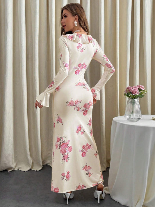 Firerie Women's Floral Print Bell Sleeve Dress