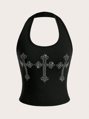 MOOSTA Women's Cross Rhinestone Detail Halter Neck Tank Top