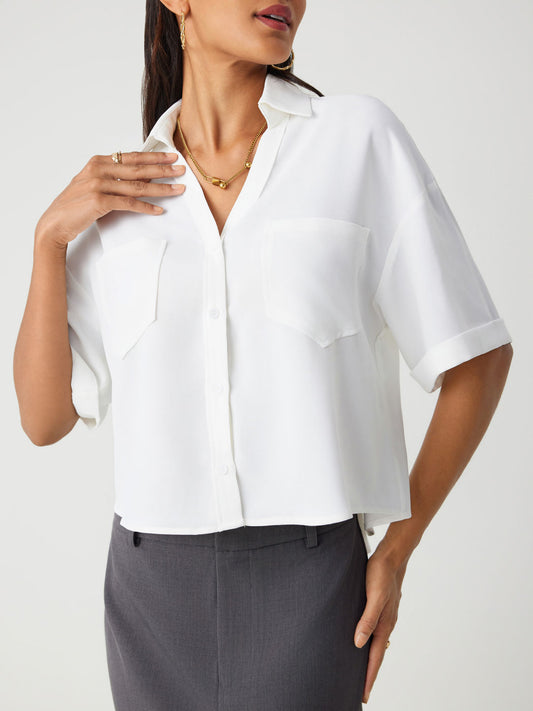 COLLAR POCKET SHORT SLEEVE CROP BLOUSE