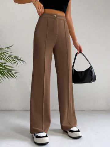 EZwear Classical Apricot High Waist Seam Detail Straight Leg Pants