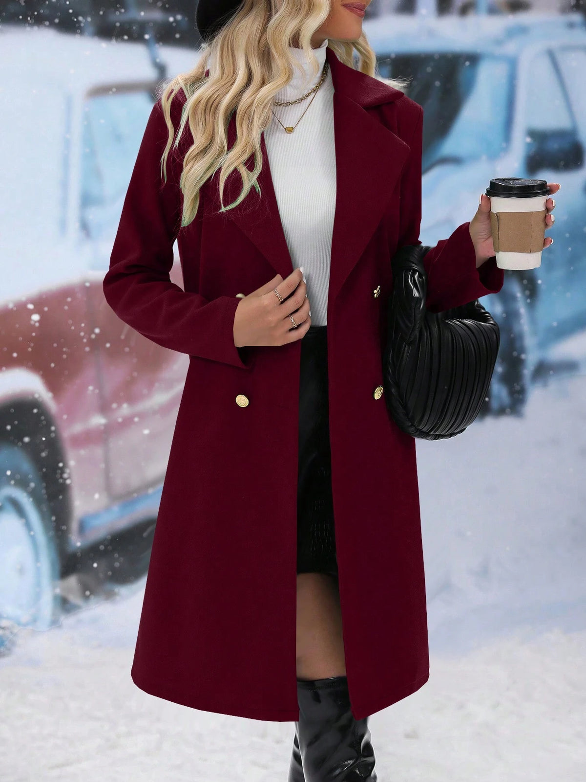 Relaxiva Solid Color Double-breasted Mid-length Woolen Coat