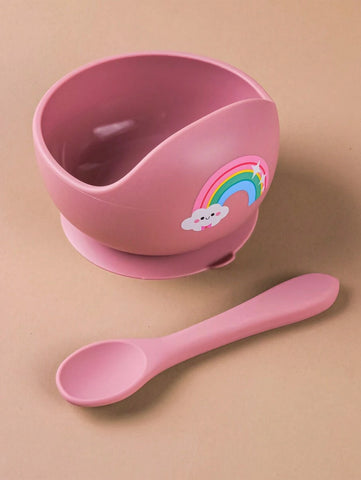 2pcs/Set Baby Feeding Bowl And Silicone Spoon