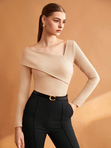 BIZwear Women's Black Solid Color Asymmetrical Neckline Stretch T-Shirt