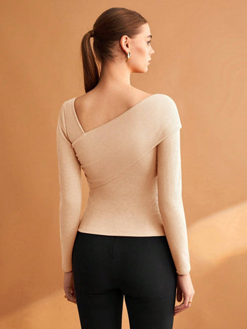 BIZwear Women's Black Solid Color Asymmetrical Neckline Stretch T-Shirt