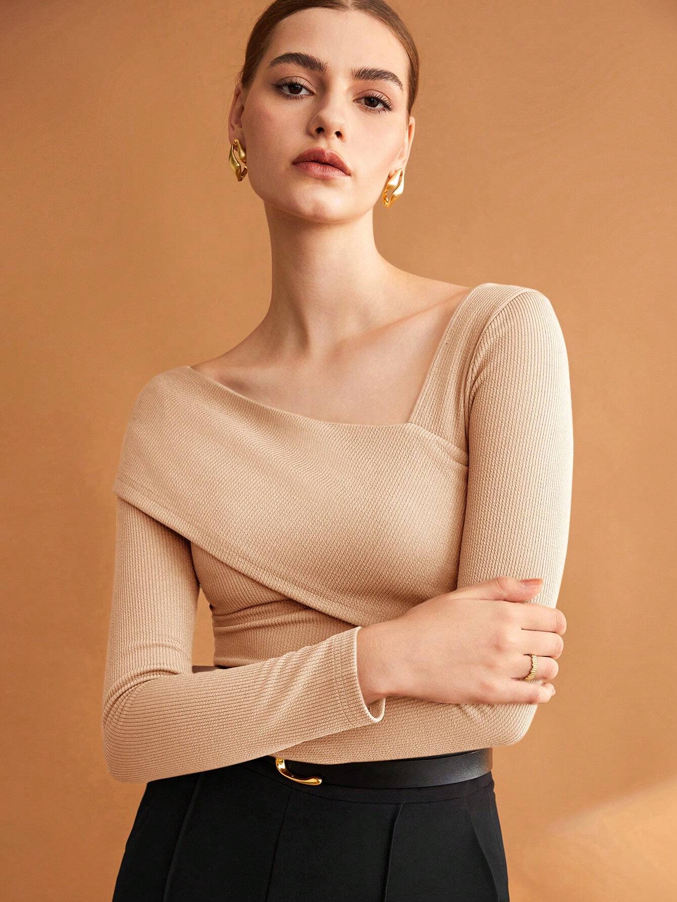BIZwear Women's Black Solid Color Asymmetrical Neckline Stretch T-Shirt