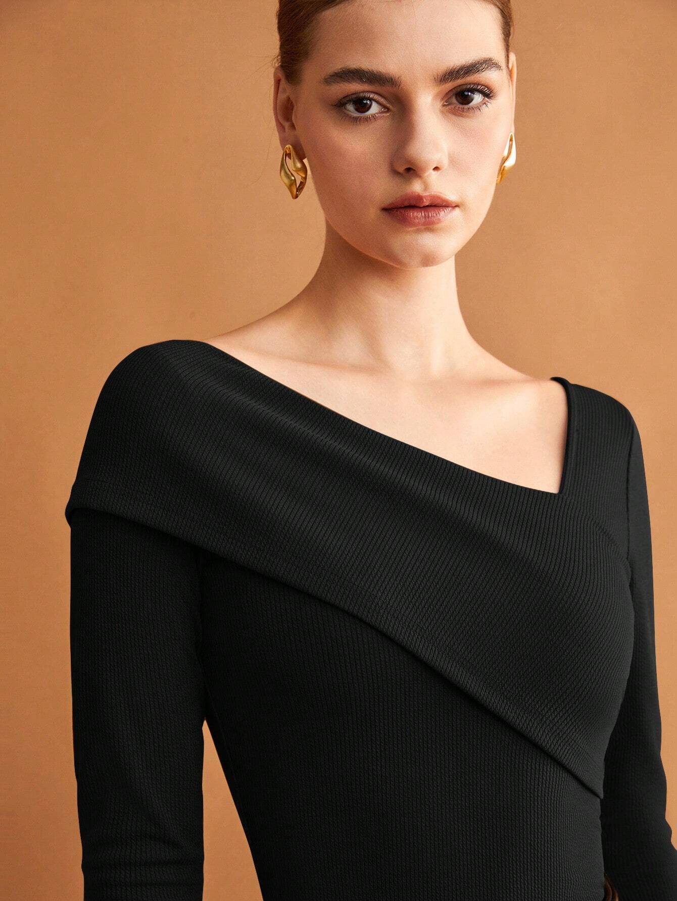 BIZwear Women's Black Solid Color Asymmetrical Neckline Stretch T-Shirt