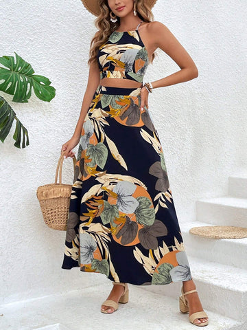 VCAY Summer Beach Tropical Print Tie Backless Cami Top & Split Thigh Skirt Two Piece Set