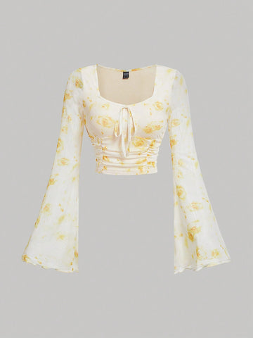 MOD Tie Dye Knot Front Flounce Sleeve Crop Top