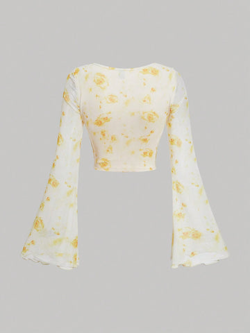 MOD Tie Dye Knot Front Flounce Sleeve Crop Top