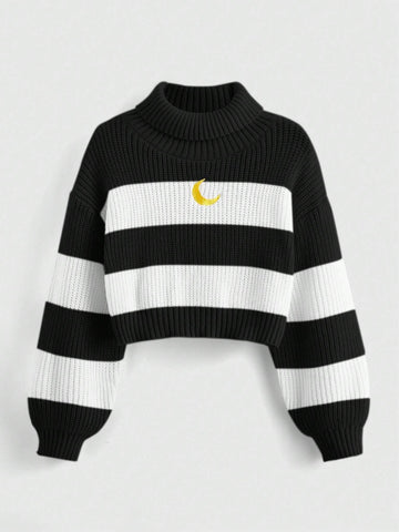 ROMWE Kawaii High Neck Striped Drop Shoulder Sweater With Moon Embroidery