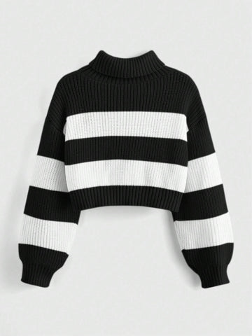 ROMWE Kawaii High Neck Striped Drop Shoulder Sweater With Moon Embroidery