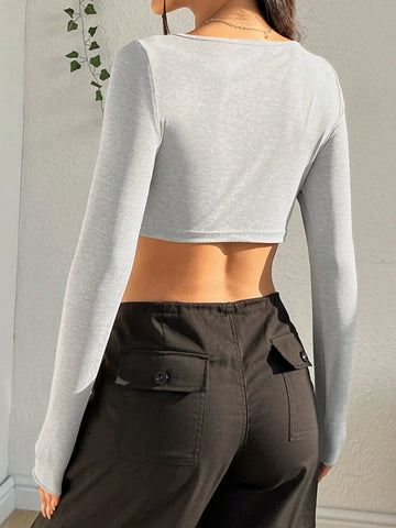 EZwear Twist Front Asymmetrical Hem Khaki Crop Tee