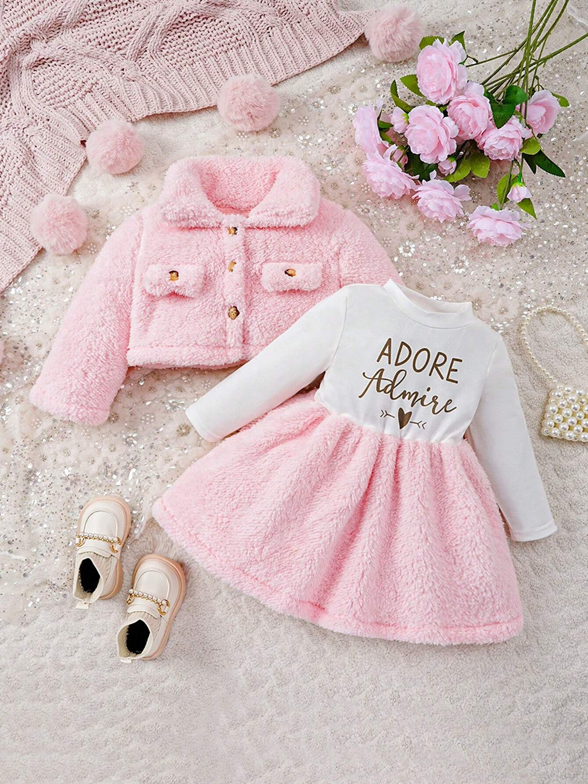 Baby Girl And Child (Girls) Suit Lapel Furry Coat + Letter Printed Long-Sleeved Dress Two-Piece Set