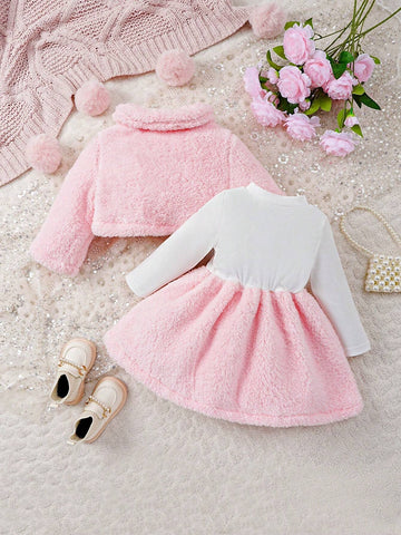 Baby Girl And Child (Girls) Suit Lapel Furry Coat + Letter Printed Long-Sleeved Dress Two-Piece Set