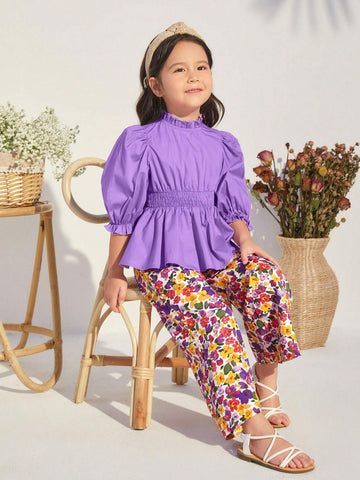 Toddler Girls' Leisure Fit Ruffled Blouse With Stand Collar And Puff Sleeves, Flower Print Wide Leg Pants