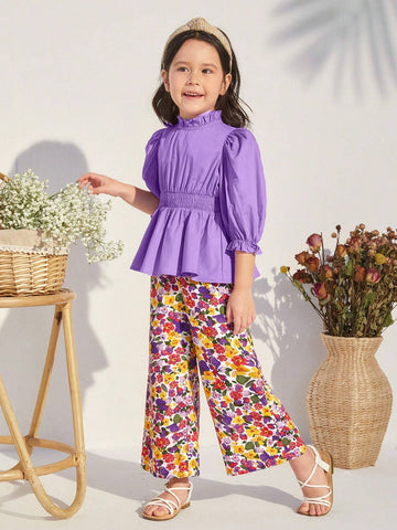 Toddler Girls' Leisure Fit Ruffled Blouse With Stand Collar And Puff Sleeves, Flower Print Wide Leg Pants