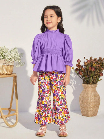 Toddler Girls' Leisure Fit Ruffled Blouse With Stand Collar And Puff Sleeves, Flower Print Wide Leg Pants