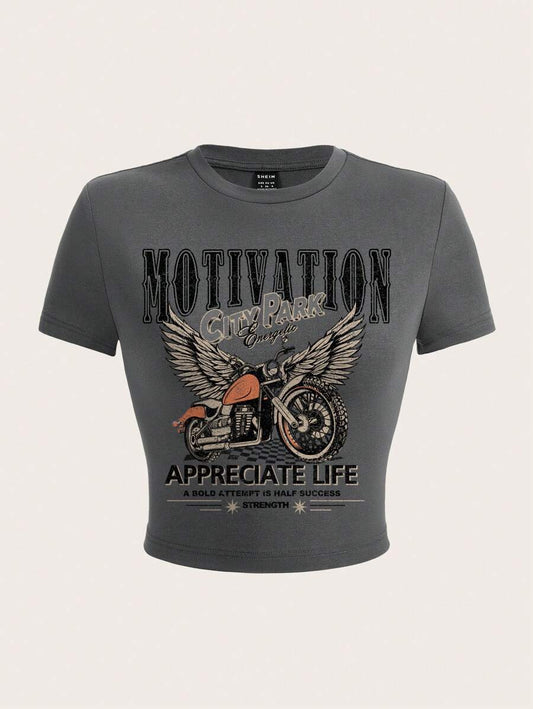 EZwear Casual Eagle Wing & Letter Print Round Neck Short Sleeve Fitted T-Shirt