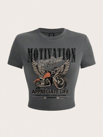 EZwear Casual Eagle Wing & Letter Print Round Neck Short Sleeve Fitted T-Shirt