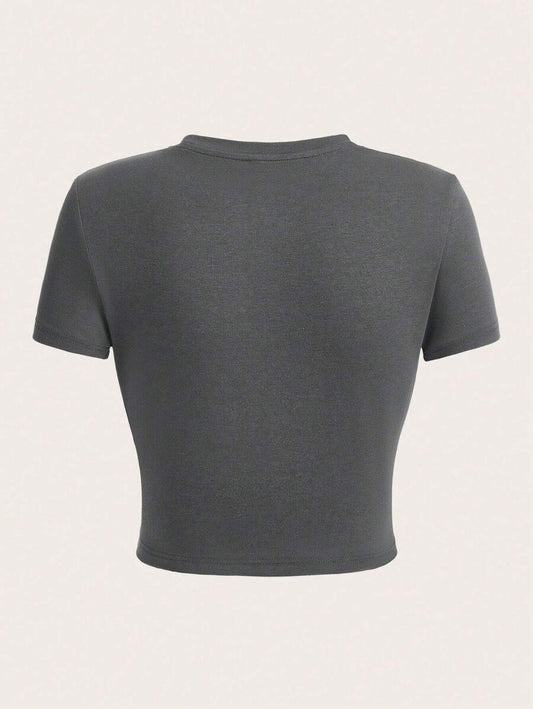 EZwear Casual Eagle Wing & Letter Print Round Neck Short Sleeve Fitted T-Shirt