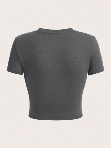 EZwear Casual Eagle Wing & Letter Print Round Neck Short Sleeve Fitted T-Shirt