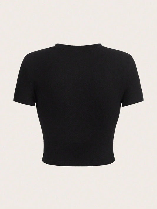 EZwear Casual And Simple Guitar Pattern Round Neck Crop Sleeve Tight Crop Top T-Shirt