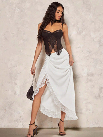 BAE Romantic Valentine's Day Date Satin & Lace Contrast Asymmetrical Hem Women Midi Skirt