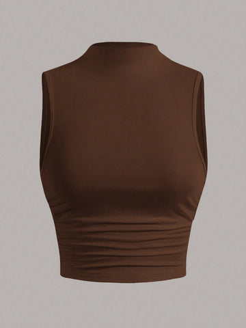 EZwear Stand Collar Pleated Sleeveless Top