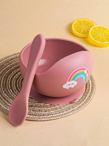 2pcs/Set Baby Feeding Bowl And Silicone Spoon