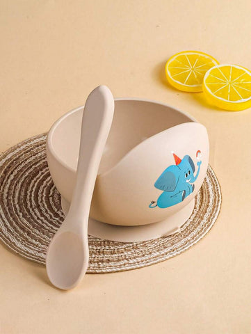 2pcs/Set Baby Feeding Bowl And Silicone Spoon