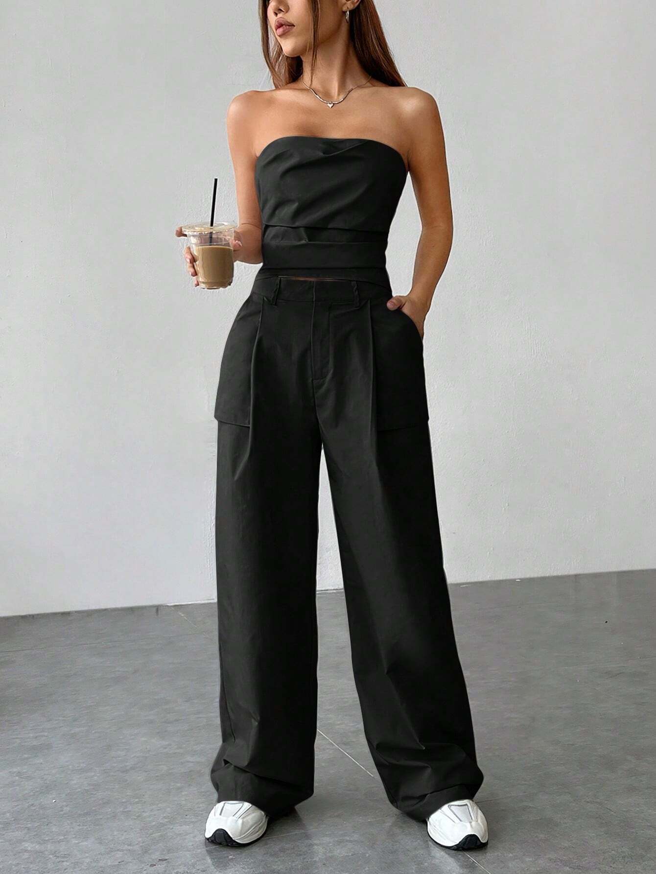 EZwear Leisure Style Solid Color Strapless Top And Flat Front Pants